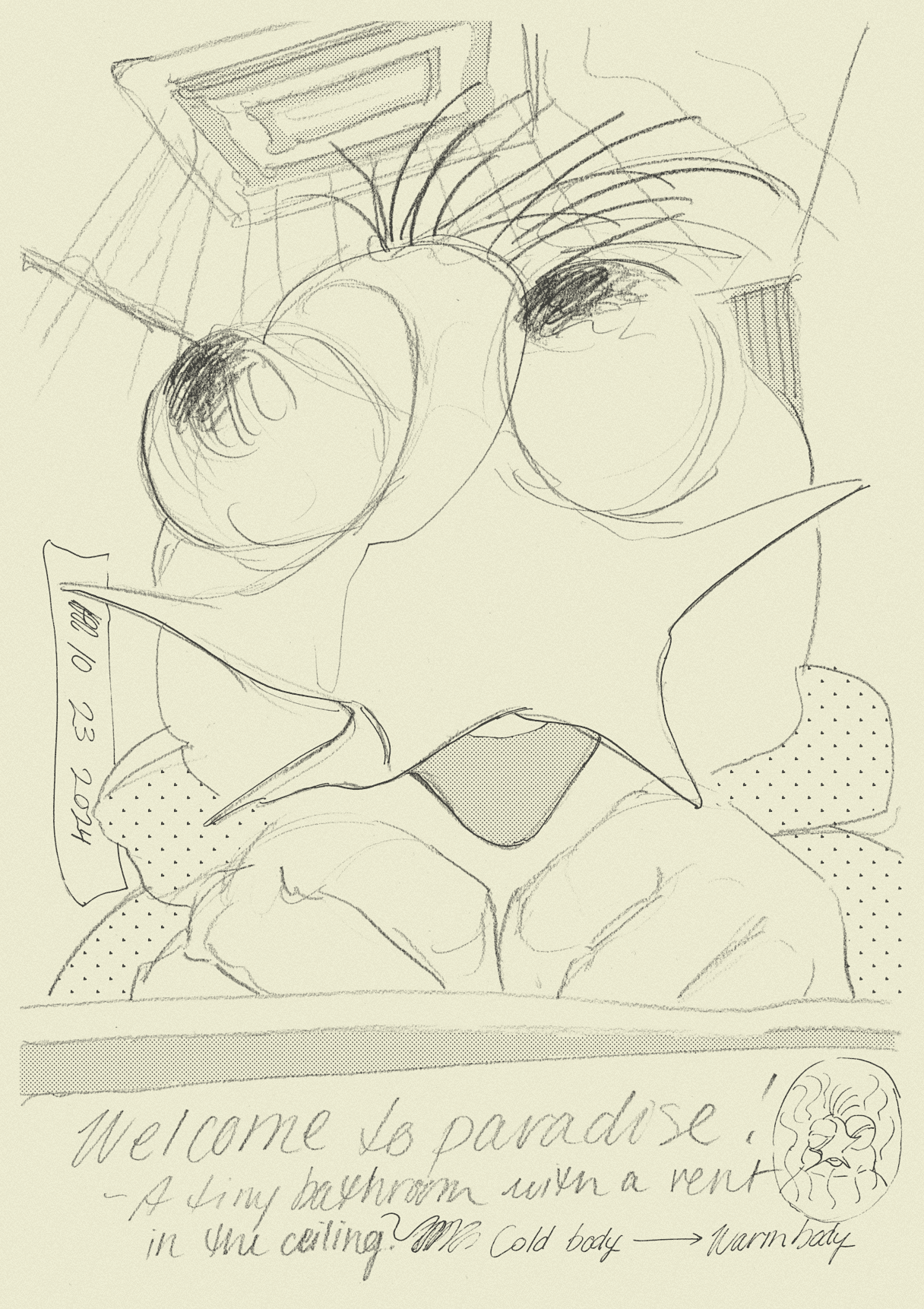 paradise is a small bathroom with a heating vent in the ceiling.