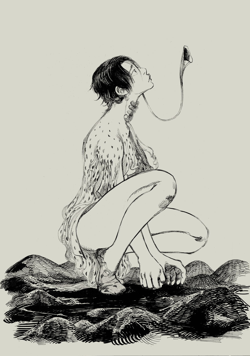 monotone drawing of henny sqautting.